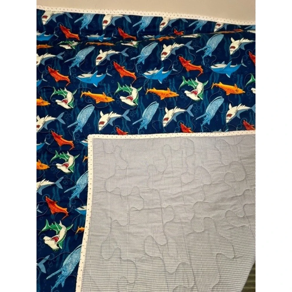 Handmade Shark Print Quilt Navy Blue Gingham Reverse 48x40 Nursery Throw